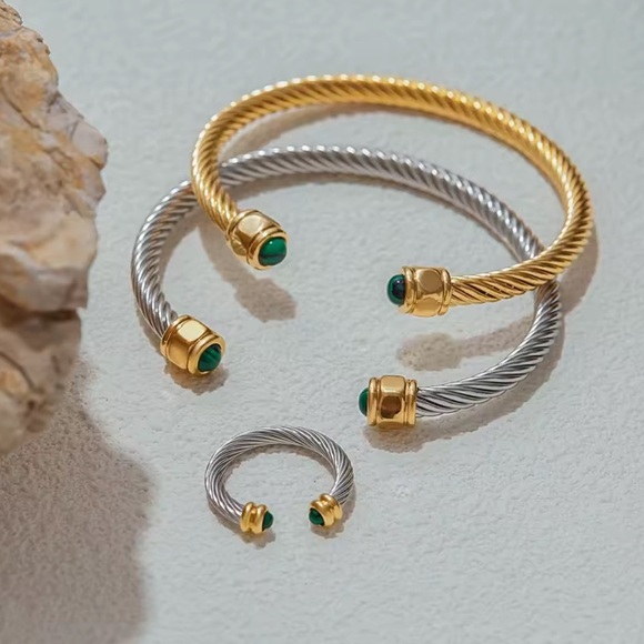 Anthropologie Malachite Stainless Steel Bracelet&Ring Set - Picture 4 of 15